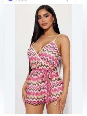 Ultra Flirt Pink, Beige & Brown Chevron Knit Romper